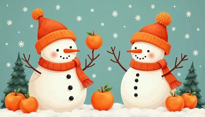 Snowmen celebrate winter with oranges in a snowy landscape