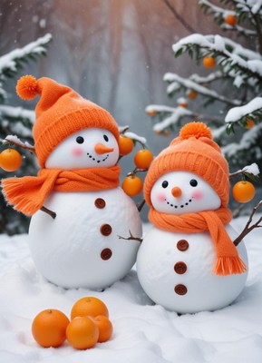 Snowmen with orange hats and oranges in winter setting