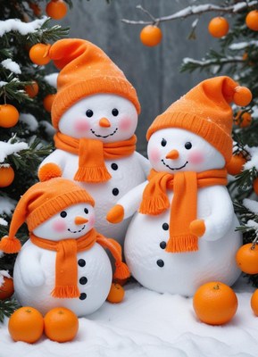 Snowmen wearing orange hats and scarves in winter setting