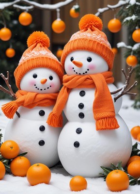 Snowmen enjoy winter surrounded by oranges in snowy setting