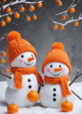Snowmen enjoying a winter day in a snowy landscape