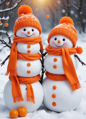 Snowmen dressed in orange hats and scarves in winter