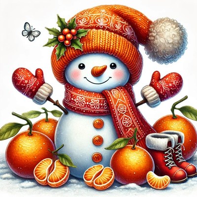 Snowman with oranges in a festive winter setting