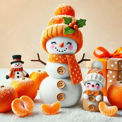 Snowman and festive decorations with oranges in winter