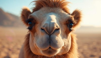 Camel close-up in desert during golden hour light