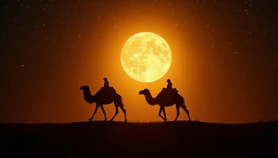 Camel riders traverse desert under full moonlight