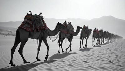 Camels walking in a desert landscape during daylight