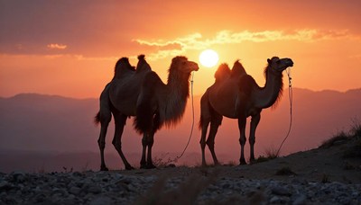Camels stand against a stunning sunset landscape