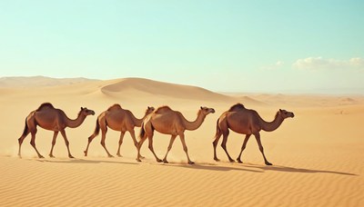 Camels walking across a vast desert landscape