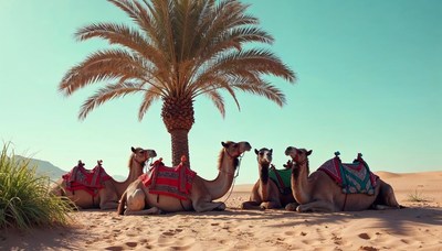 Camels relaxing under a palm tree in the desert