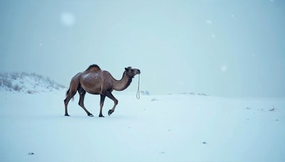 Camel walking through snow-covered landscape in winter