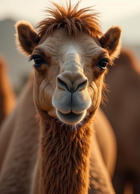 Smiling camel in desert during golden hour