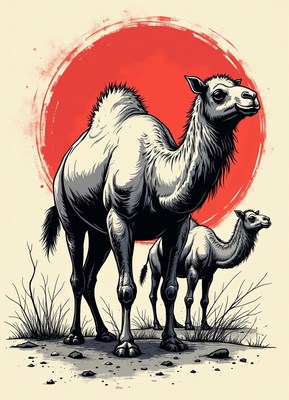 Camels standing against a bright red sunset backdrop