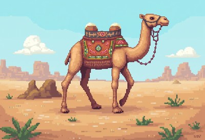 Camel walking through a desert landscape under blue sky