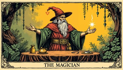 Magician performing a spell in an enchanted forest setting