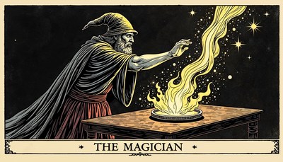 Spectacular magician performing a spell in dark surroundings