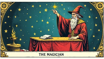Magician performing magic with a wand in a mystical setting