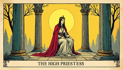 High priestess seated in a mystical setting