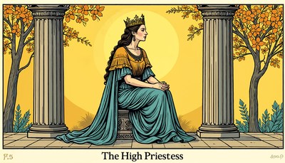 High priestess sitting gracefully among ancient pillars