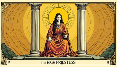 High priestess seated between columns in vibrant artwork