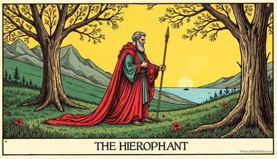 Hierophant stands at the water's edge in nature