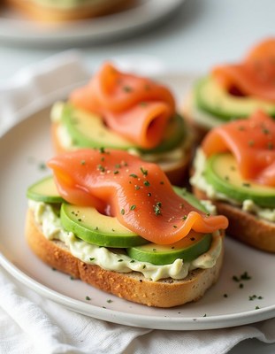 Fresh smoked salmon and avocado open sandwiches served