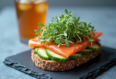 Healthy salmon sandwich with fresh greens and cucumber