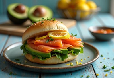 Fresh salmon sandwich with avocado and lemon slices