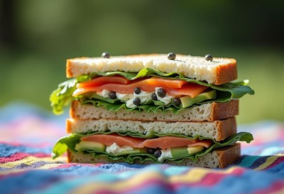 Delicious sandwich with vegetables and salmon in sunlight