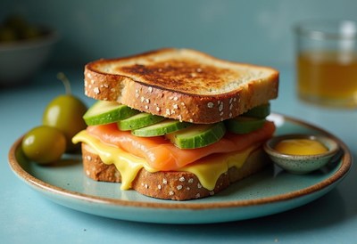Delicious sandwich with salmon and cucumber on toasted bread