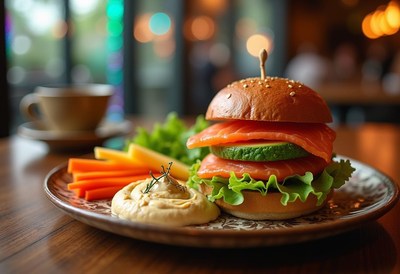 Delicious burger with fresh vegetables served in a cafe