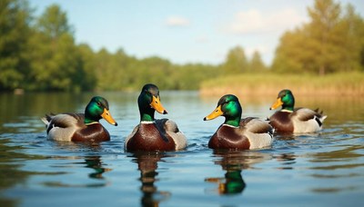 Ducks swimming in a calm lake during a sunny day