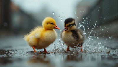Two young ducklings playing in a puddle on a rainy day