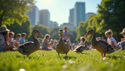 Ducks gathered in a park amid city buildings