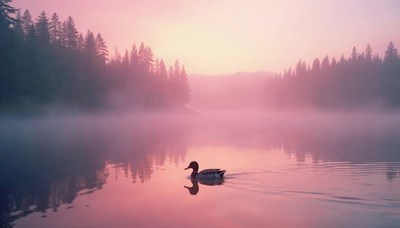 Serene duck swimming in a misty lake at dawn