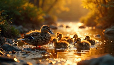 Duck and ducklings swimming in golden evening light
