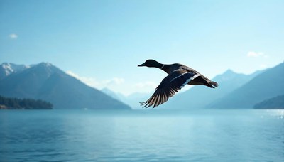 Duck soaring over serene lake with mountains in background