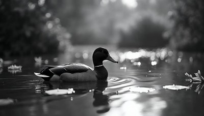 Beautiful duck swimming quietly in a peaceful pond