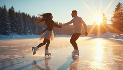 Couple ice skating together on a frozen lake at sunset