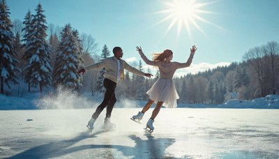 Ice skating couple enjoying winter on a frozen lake