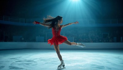 Skater performs elegant routine in a dramatic spotlight