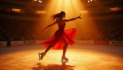 Graceful skater performs under warm spotlight at ice rink
