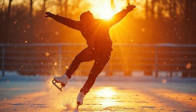 Skater performing at sunset on frozen lake