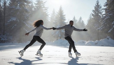 Joyful couple ice skating on a winter day in nature