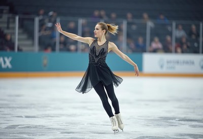 Figure skater performs elegant routine on ice rink