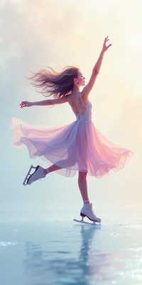 Young skater twirls gracefully on ice at sunset