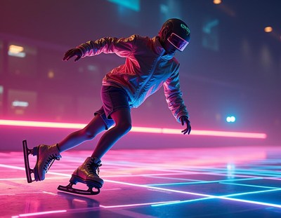 Kid skating on neon rink under bright lights