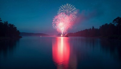 Colorful fireworks illuminate the calm lake at night