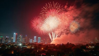 Spectacular fireworks illuminate city skyline at night