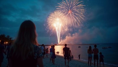 Fireworks illuminate beachgoers at evening celebration